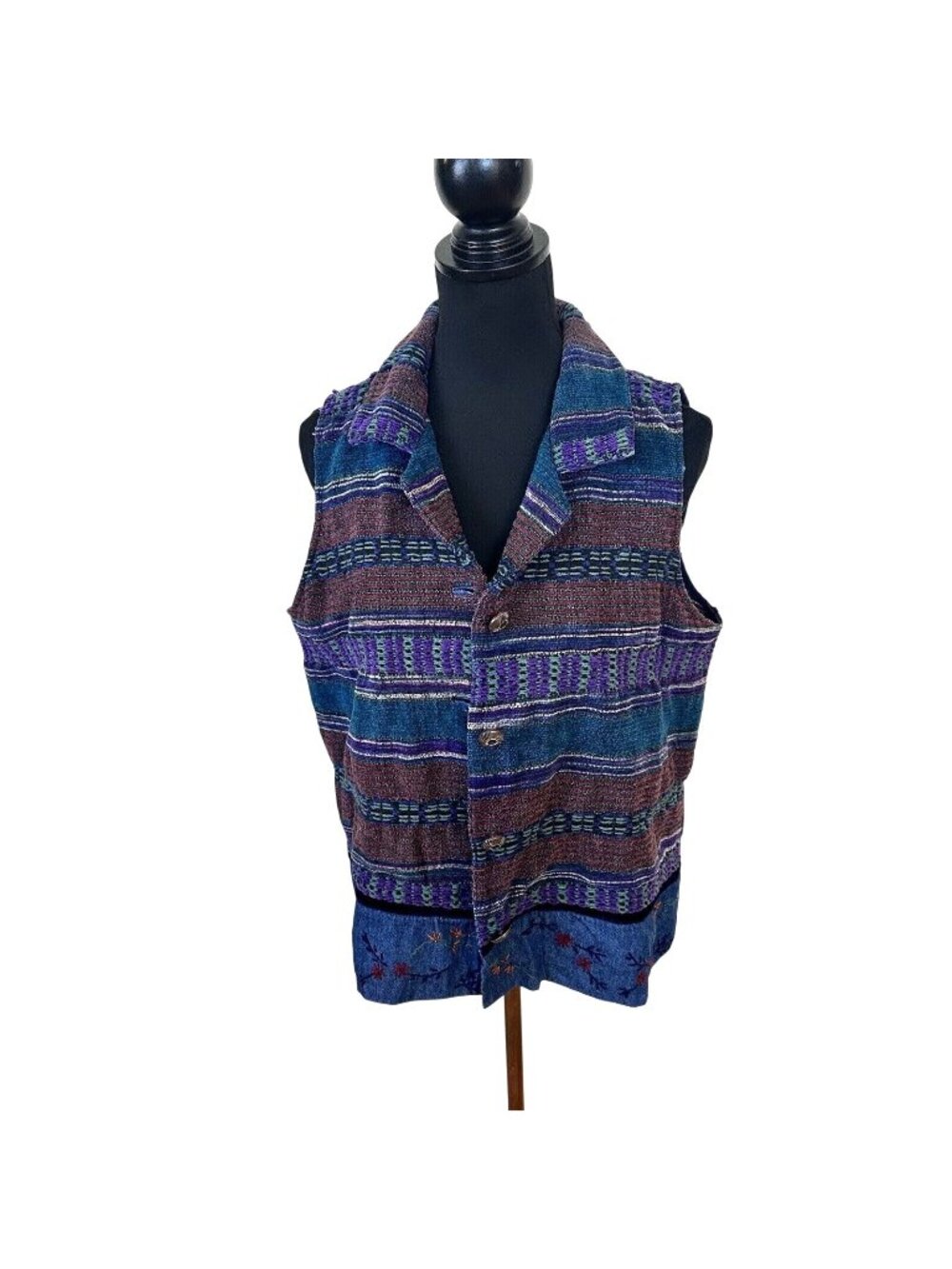 Vtg Womens Purple Cotton Vest Coldwater Creek Tunic Striped Full Button Large